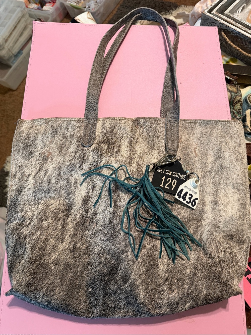 Cowhide Gray Hair-On-Hide Weekender with Teal Fringe